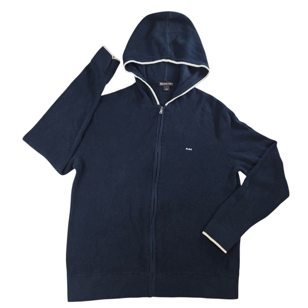 Michael Kors Waffle Knit‎ Full Zip Navy Blue Hoodie Sweater Large Mens Preppy